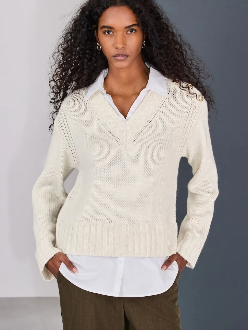 Ecru V-Neck Knitted Shirt Layer Look Jumper
