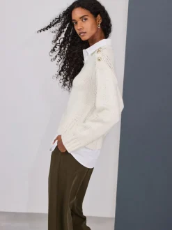 Ecru V-Neck Knitted Shirt Layer Look Jumper