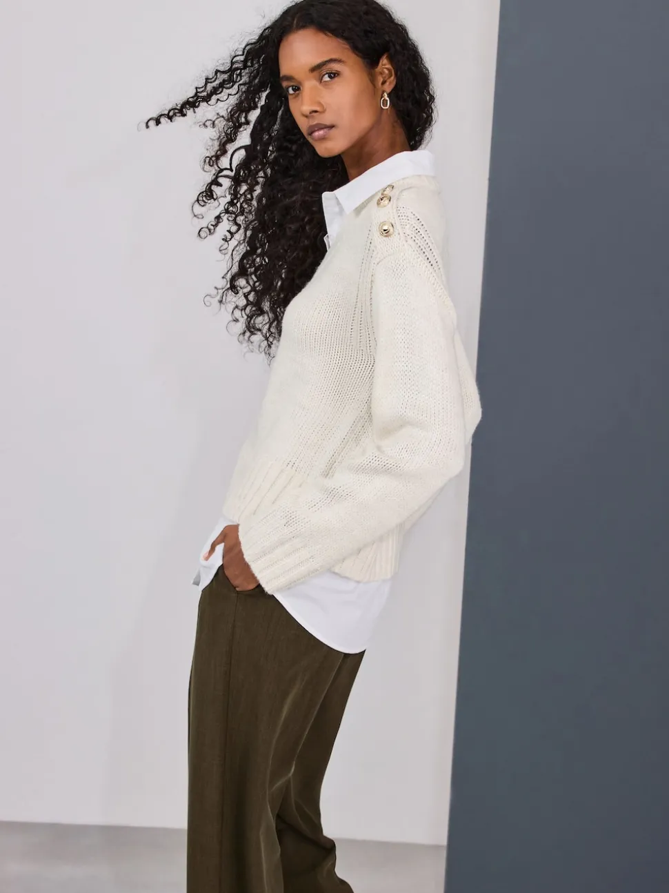 Ecru V-Neck Knitted Shirt Layer Look Jumper