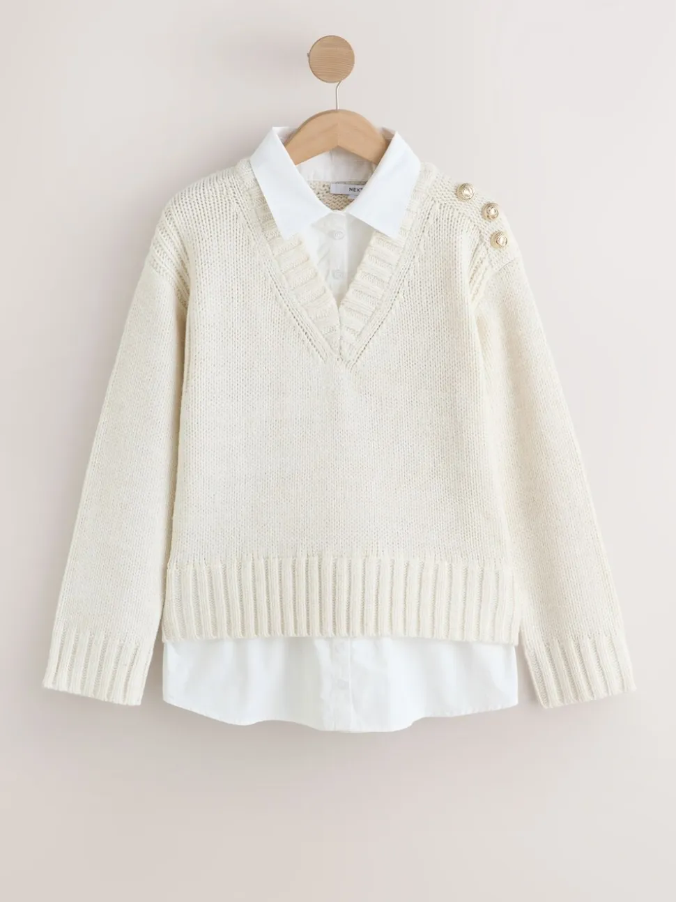 Ecru V-Neck Knitted Shirt Layer Look Jumper