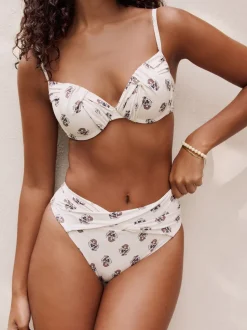 Ecru Woodblock High Waist High Leg Bikini Bottoms