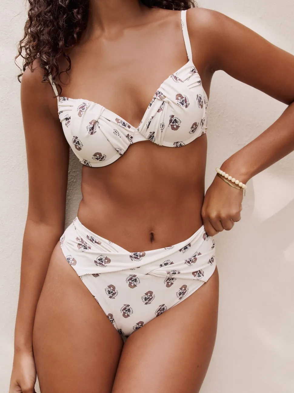 Ecru Woodblock High Waist High Leg Bikini Bottoms