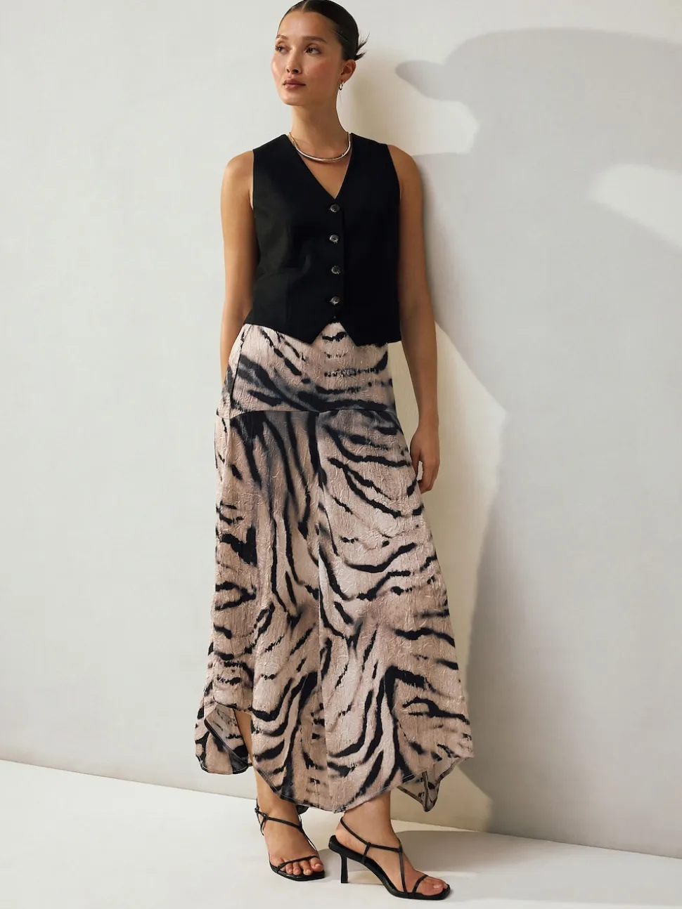 Ecru Zebra Print Crinkle Satin Asymetric Midi Skirt