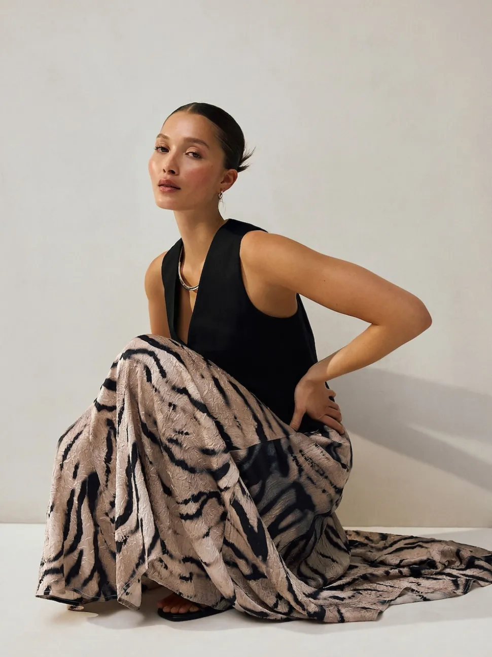 Ecru Zebra Print Crinkle Satin Asymetric Midi Skirt