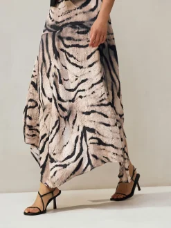 Ecru Zebra Print Crinkle Satin Asymetric Midi Skirt