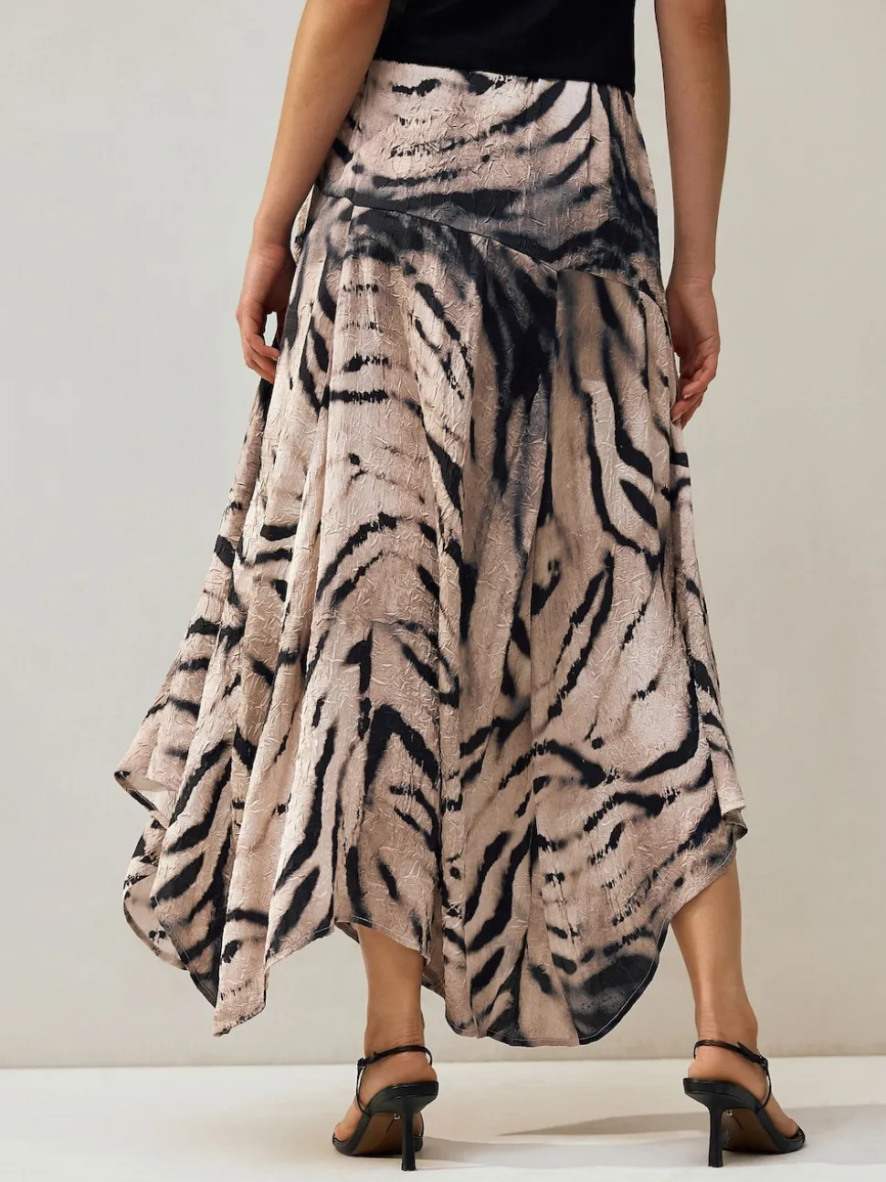 Ecru Zebra Print Crinkle Satin Asymetric Midi Skirt