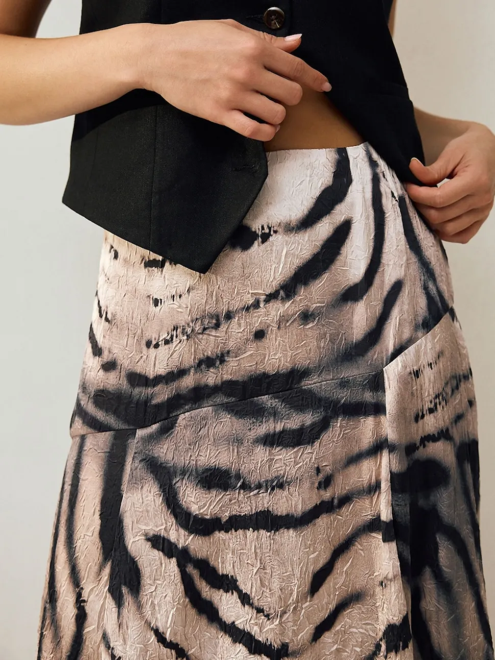 Ecru Zebra Print Crinkle Satin Asymetric Midi Skirt