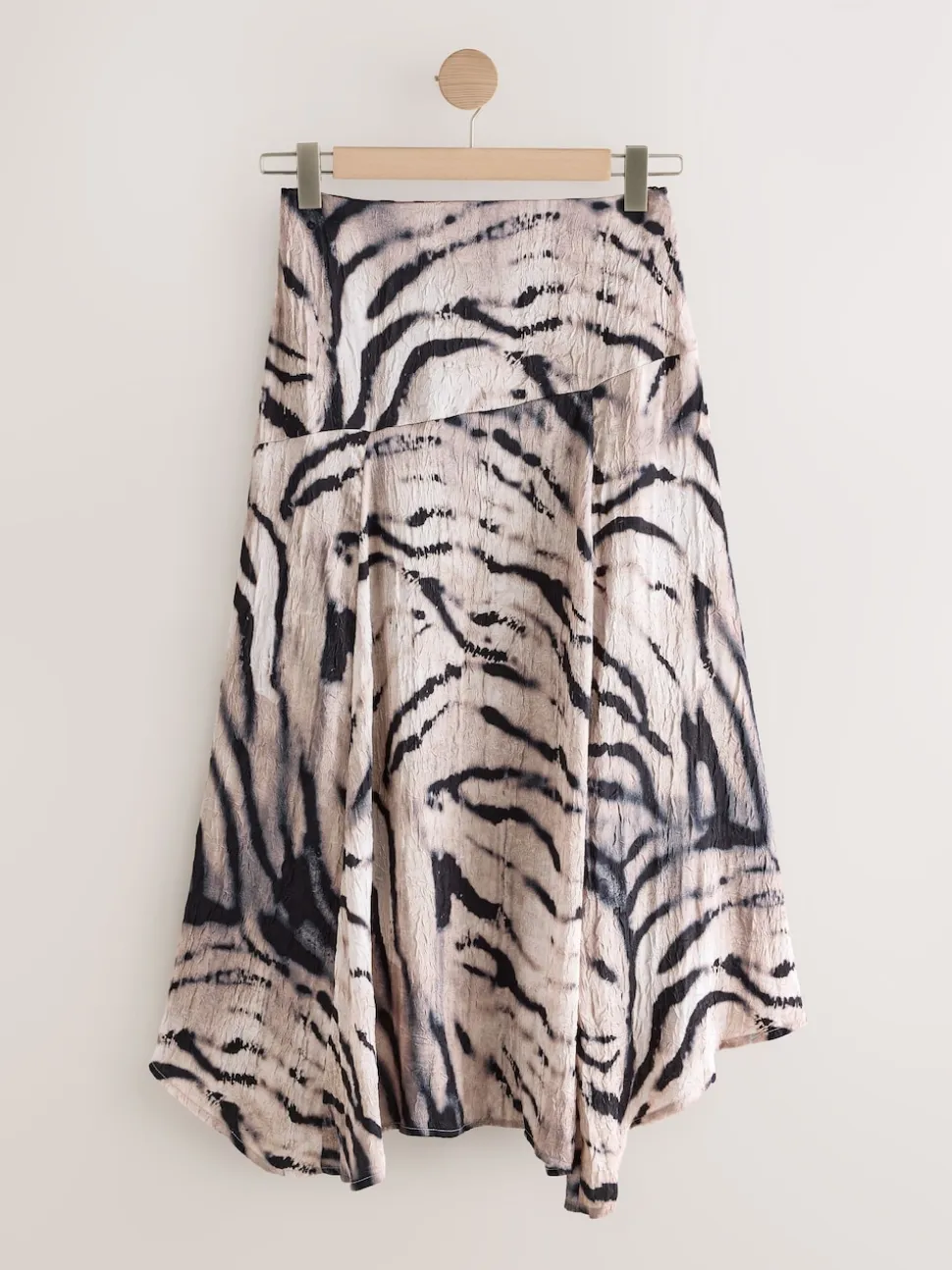 Ecru Zebra Print Crinkle Satin Asymetric Midi Skirt