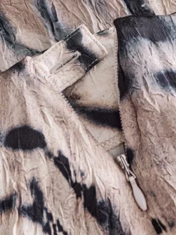 Ecru Zebra Print Crinkle Satin Asymetric Midi Skirt