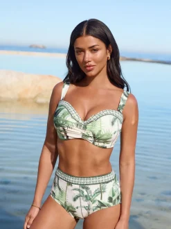Ecru/Green Palm High Waist Print Bikini Bottoms