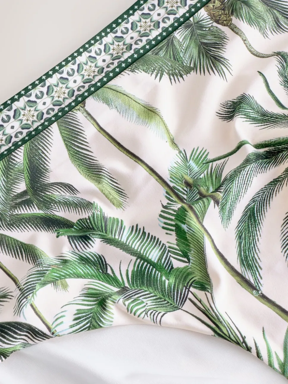 Ecru/Green Palm High Waist Print Bikini Bottoms