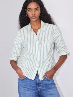 Ecru/Navy Fitted Stretch Essential Long Sleeve Shirt