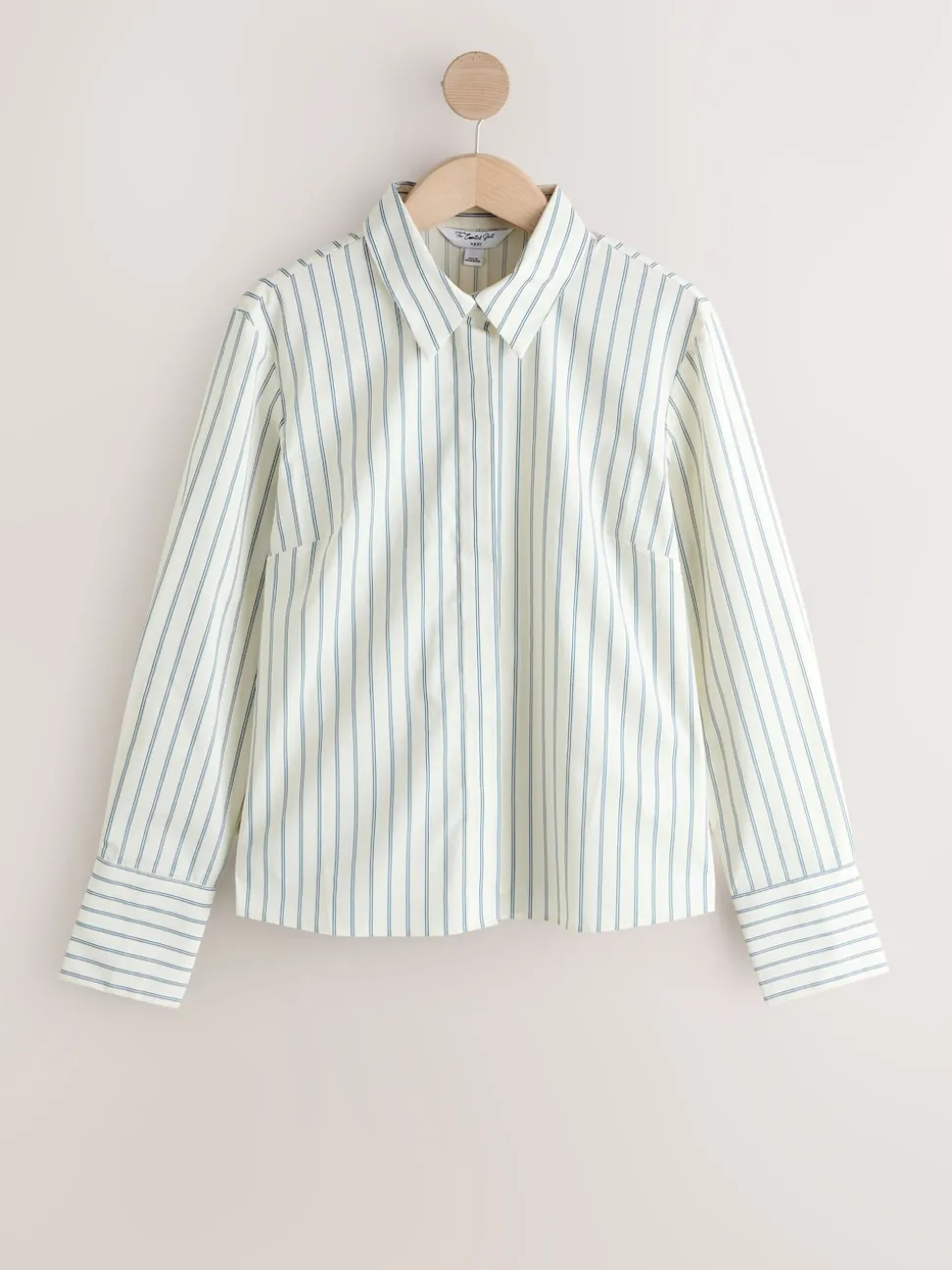 Ecru/Navy Fitted Stretch Essential Long Sleeve Shirt