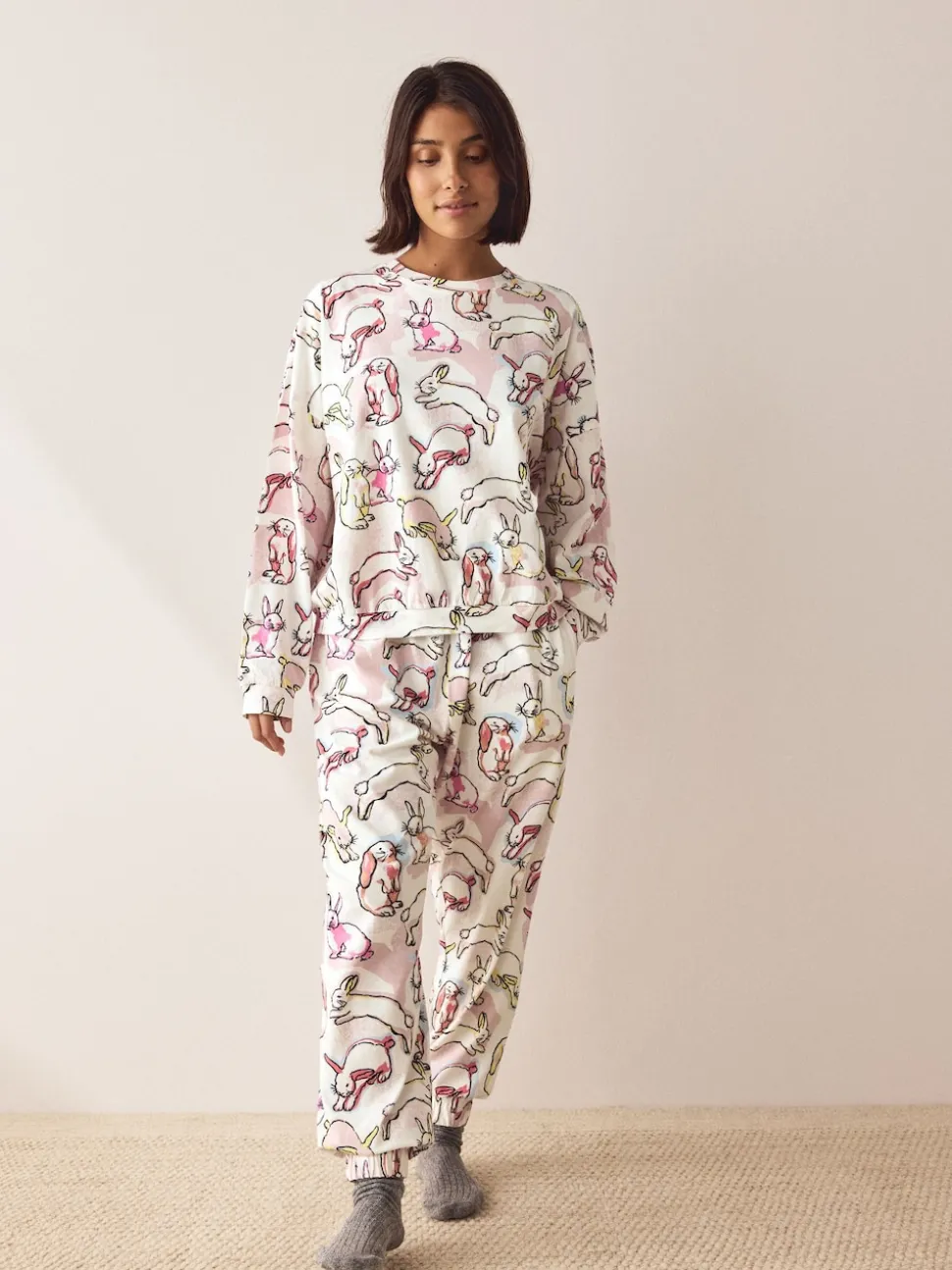 Ecru/Pink Bunny Long Sleeve Pyjamas