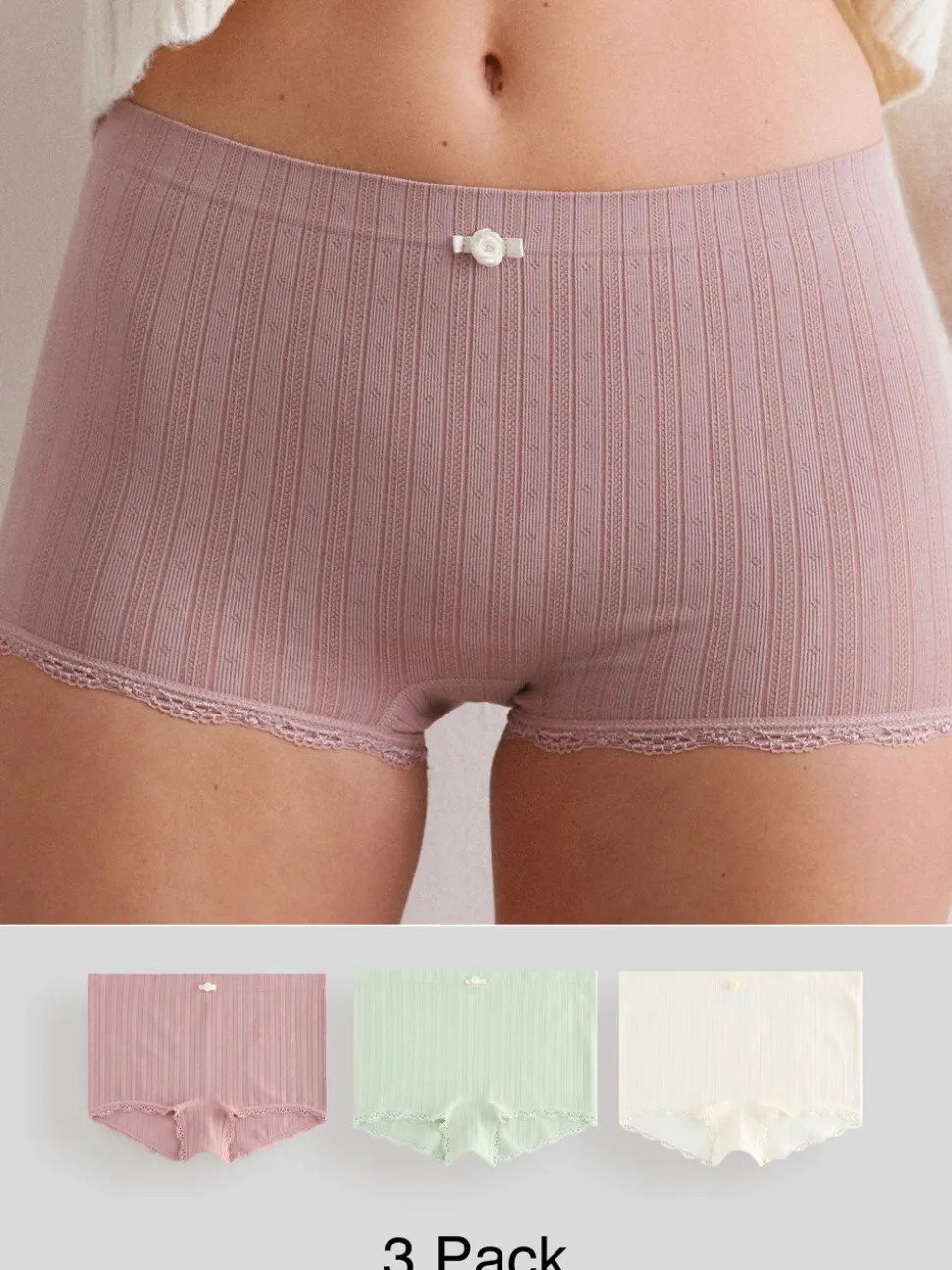Ecru/Pink Short Seamfree Pointelle Knickers 3 Pack