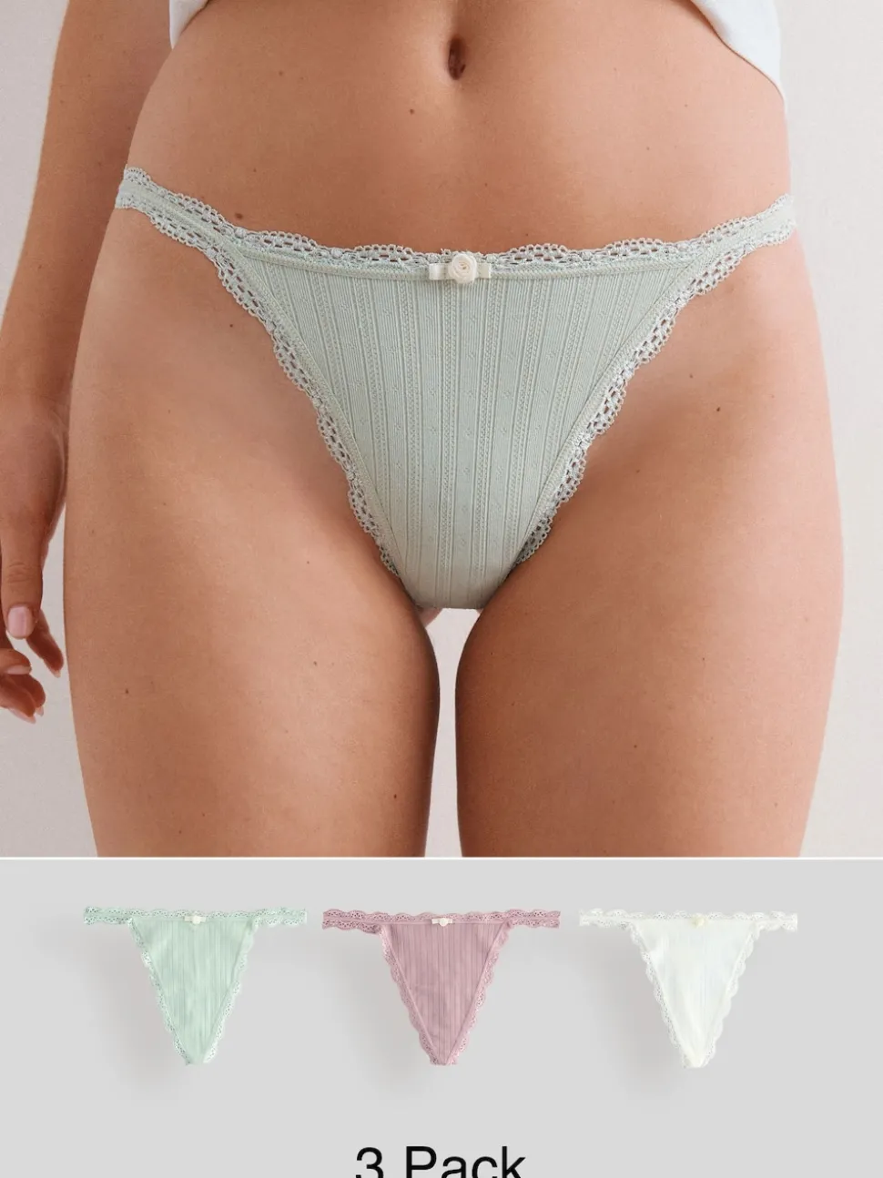 Ecru/Pink Thong Seamfree Pointelle Knickers 3 Pack