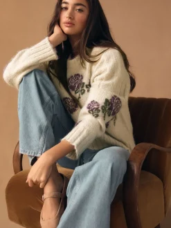 Ecru/Purple Floral Crew Neck Jumper With Wool