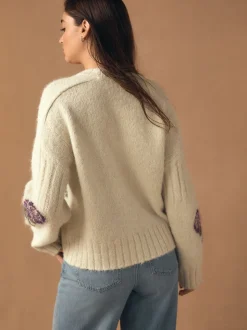 Ecru/Purple Floral Crew Neck Jumper With Wool