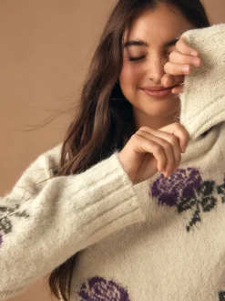 Ecru/Purple Floral Crew Neck Jumper With Wool