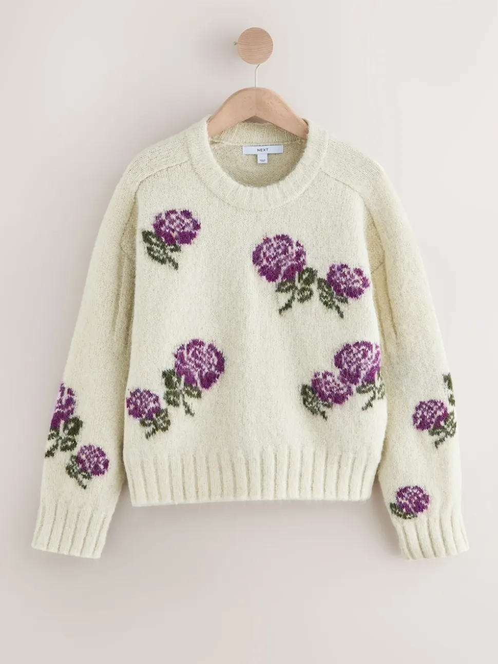 Ecru/Purple Floral Crew Neck Jumper With Wool