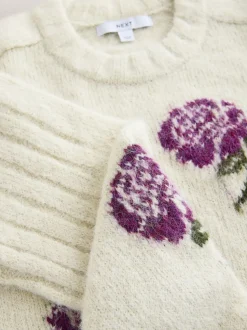 Ecru/Purple Floral Crew Neck Jumper With Wool