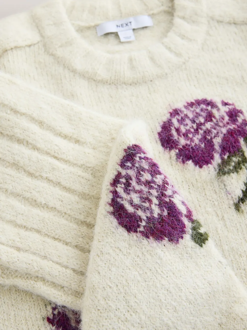 Ecru/Purple Floral Crew Neck Jumper With Wool