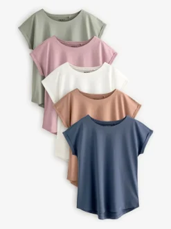 Ecru/Taupe/Brown/Blue/Yellow Cap Sleeve T-Shirts 5 Pack