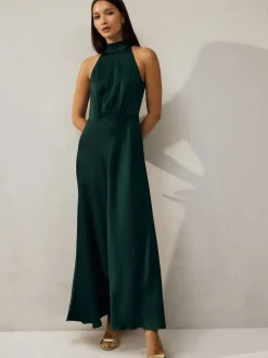 Emerald Green Textured Satin Halter Sleeveless Midi Dress