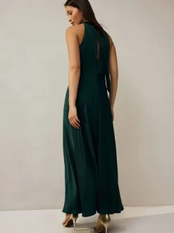 Emerald Green Textured Satin Halter Sleeveless Midi Dress