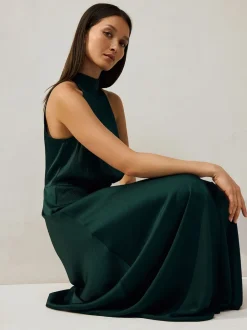 Emerald Green Textured Satin Halter Sleeveless Midi Dress