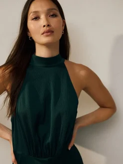 Emerald Green Textured Satin Halter Sleeveless Midi Dress