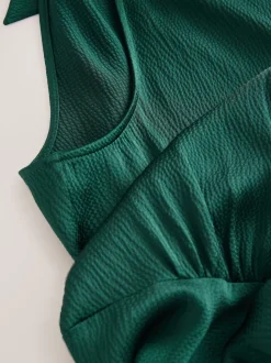 Emerald Green Textured Satin Halter Sleeveless Midi Dress