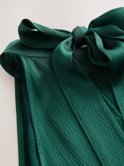 Emerald Green Textured Satin Halter Sleeveless Midi Dress