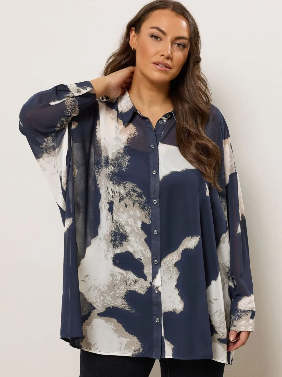 Evans Blue Smudge Print Dip Back Blouse