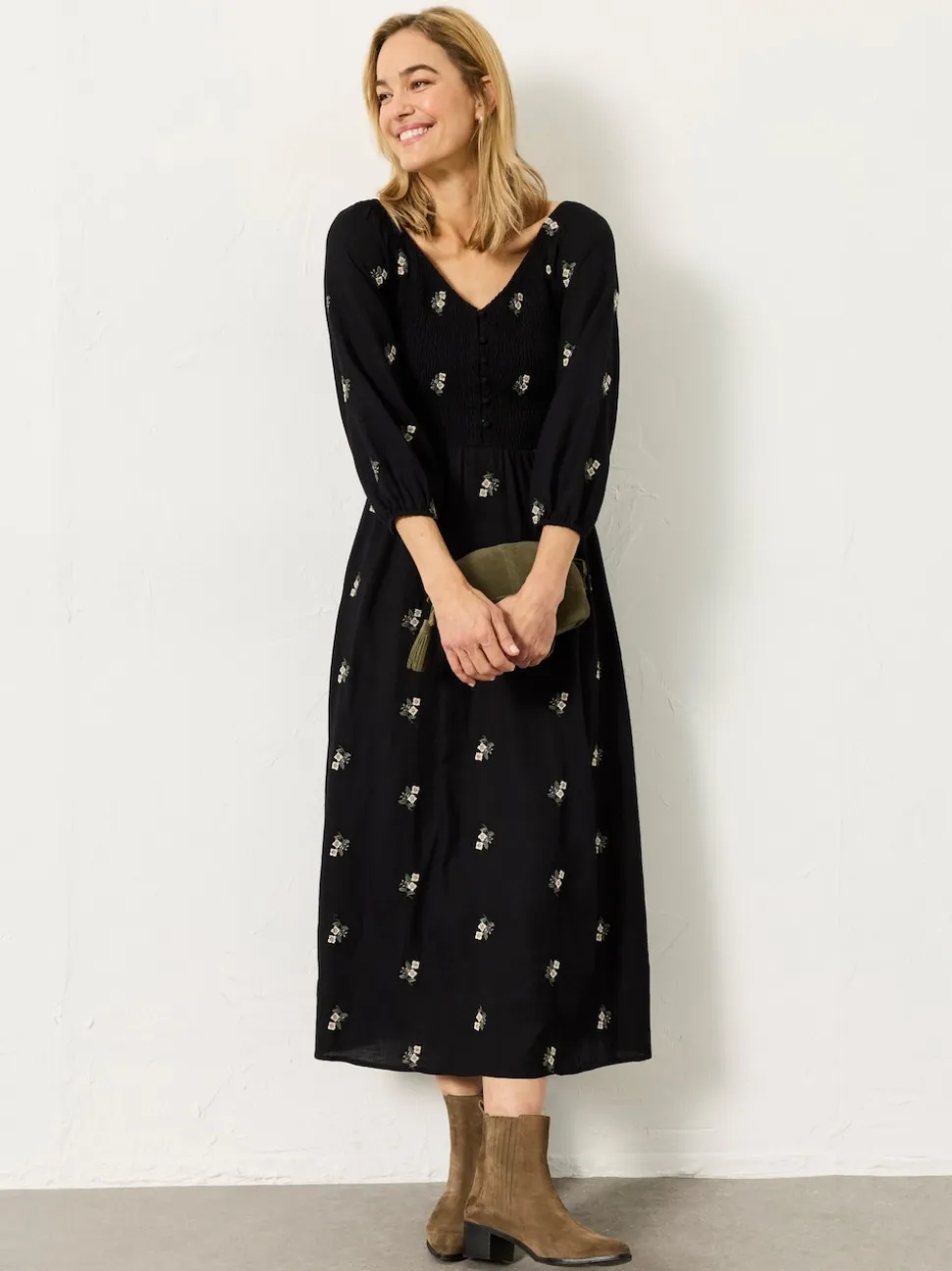 FatFace Adele Black Petite Embroidered Midi Dress