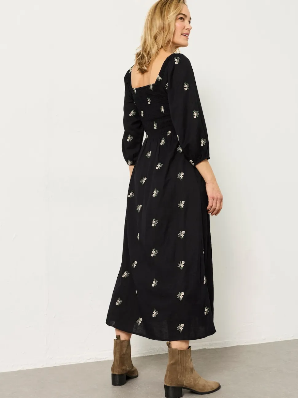FatFace Adele Black Petite Embroidered Midi Dress