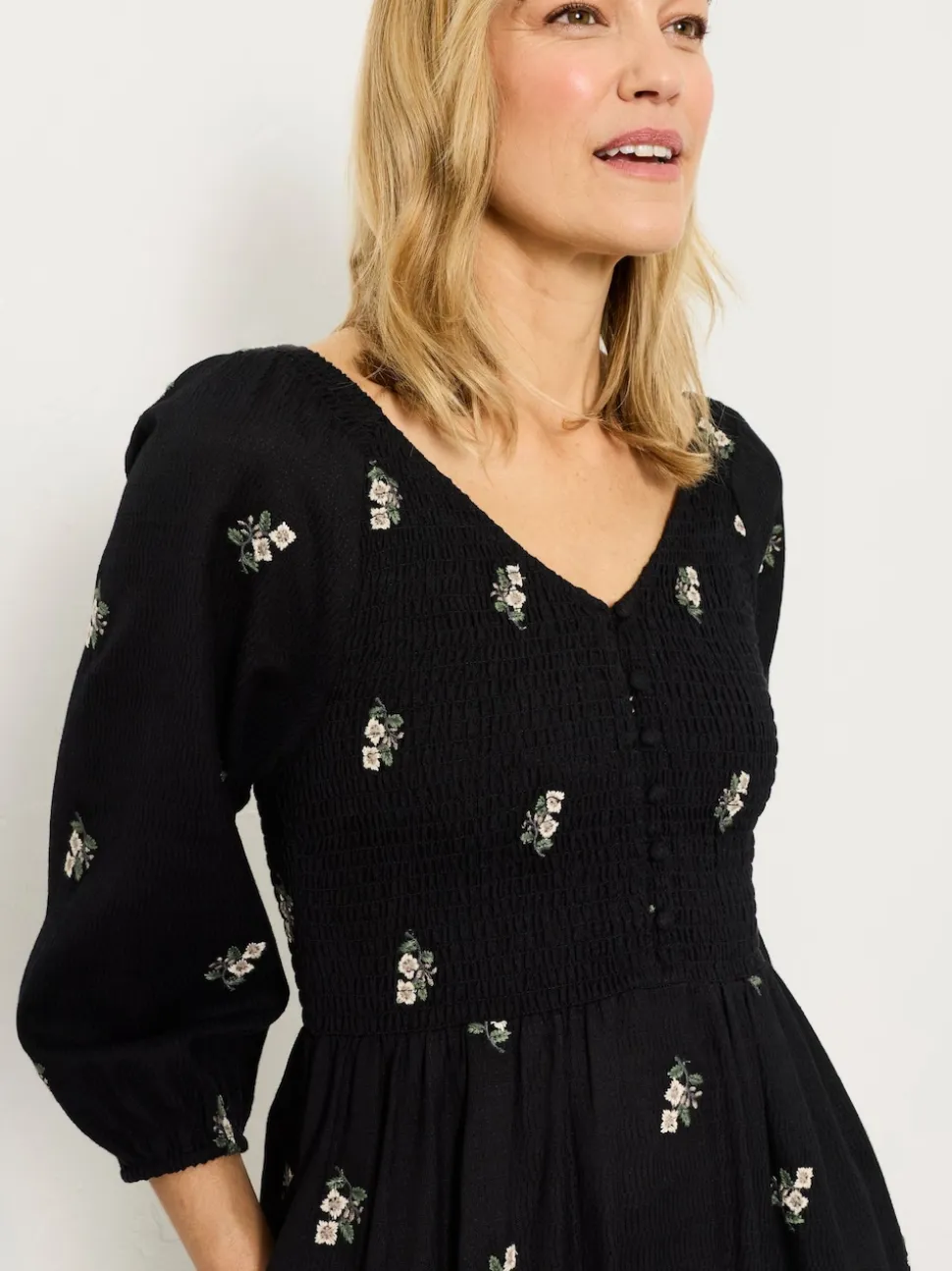 FatFace Adele Black Petite Embroidered Midi Dress