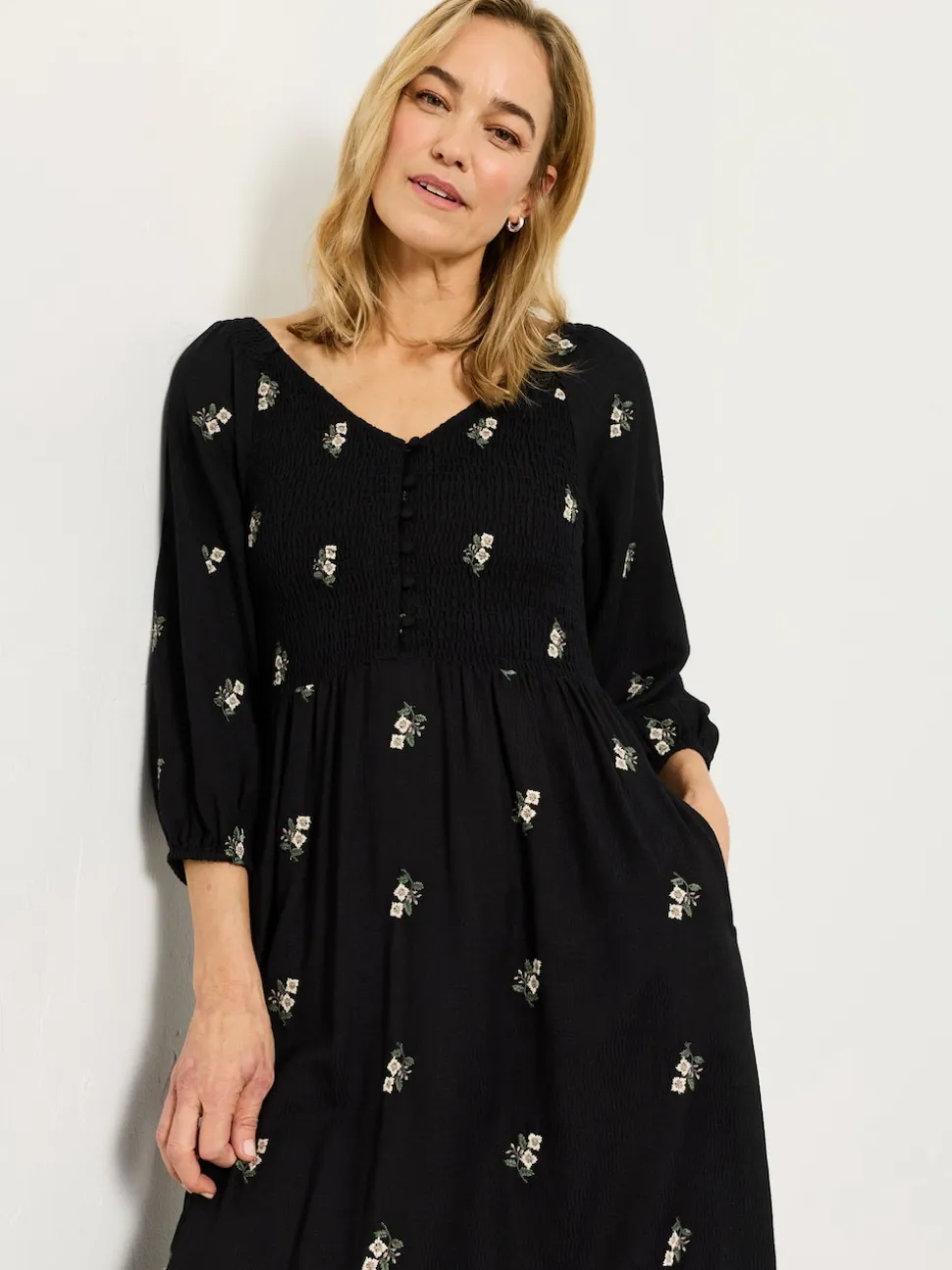FatFace Adele Black Petite Embroidered Midi Dress