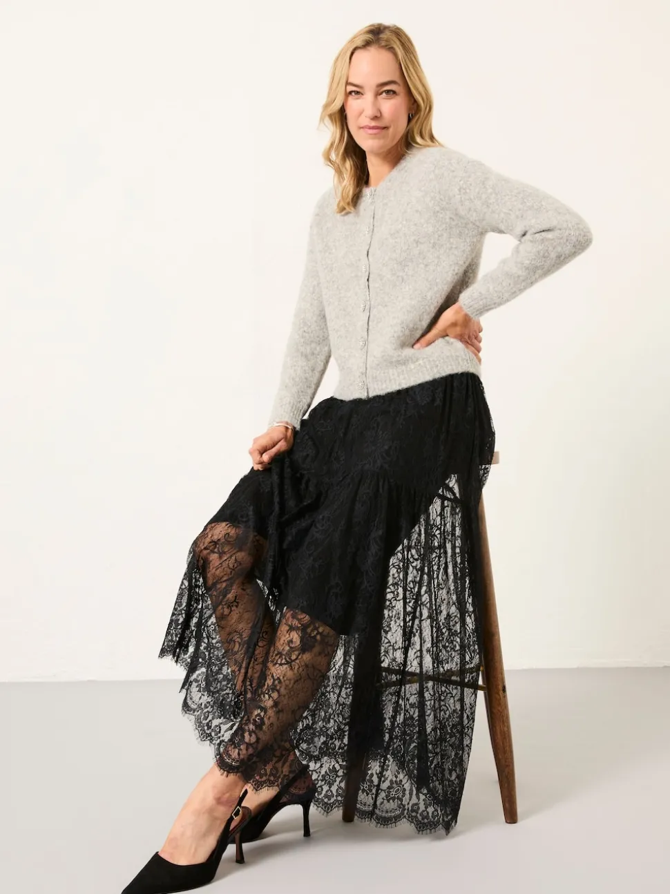 FatFace Annie Black Lace Midi Skirt