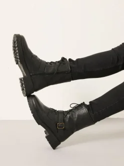 FatFace Black Lace Up Buckle Boot