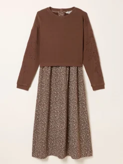 FatFace Brown Ditsy Noa 2in1 Midi Dress