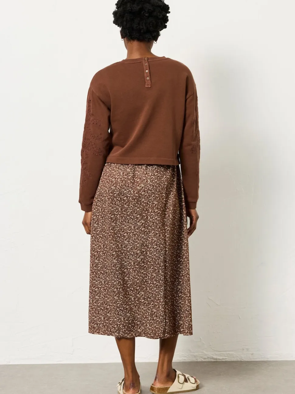 FatFace Brown Ditsy Petite Noa 2in1 Midi Dress