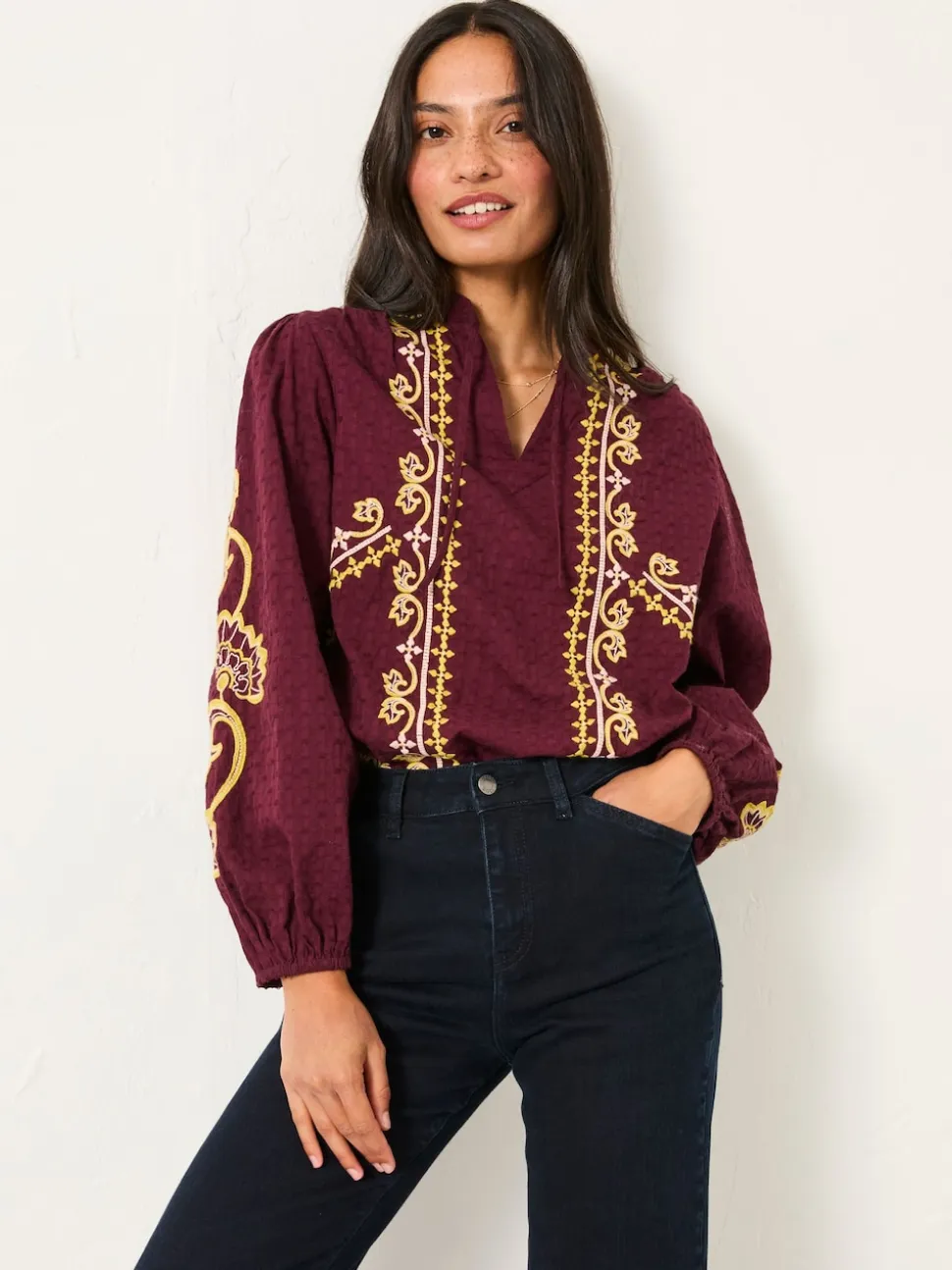 FatFace Burgundy Red Garratt Embroidered V-neck Blouse