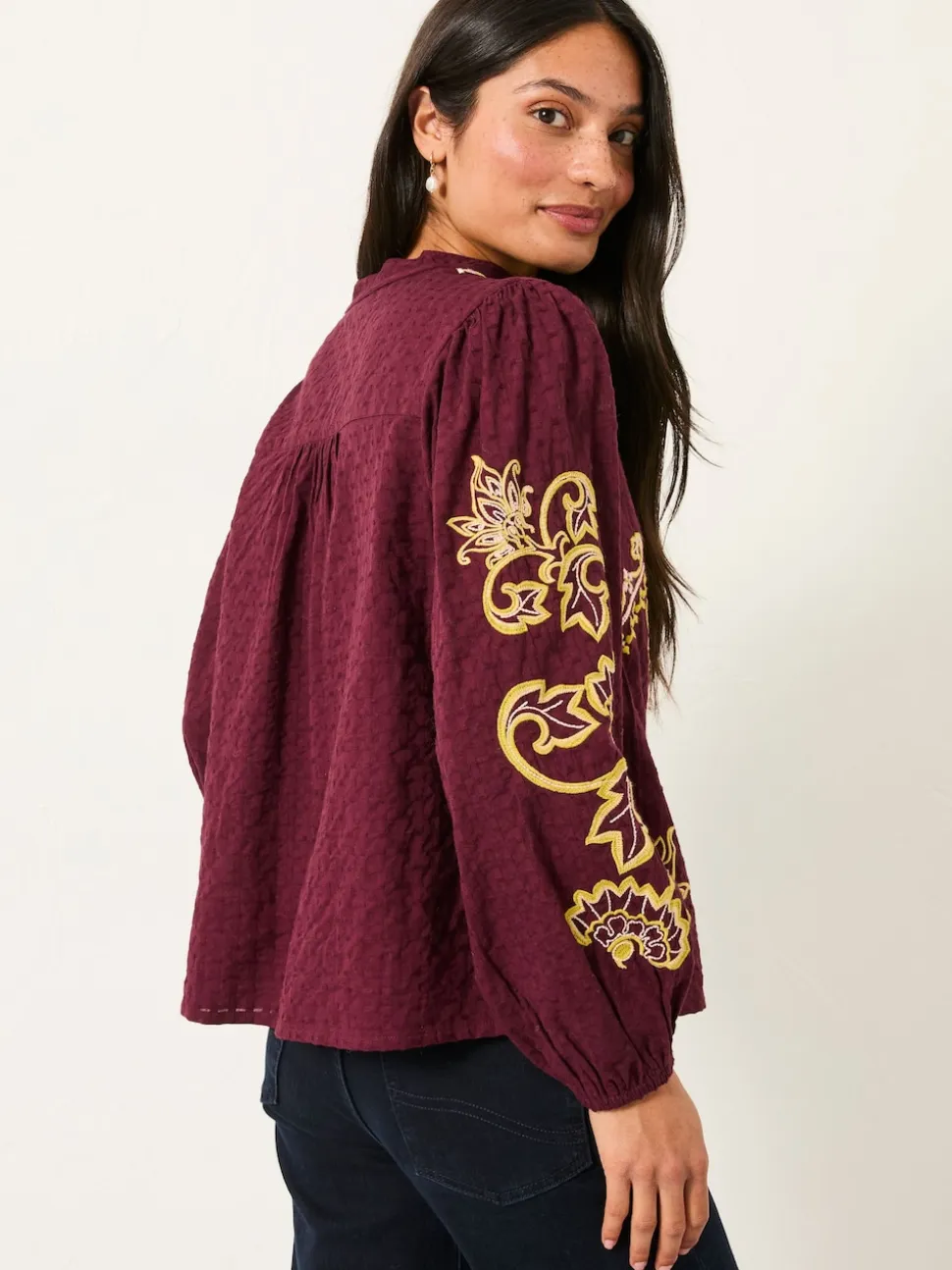 FatFace Burgundy Red Garratt Embroidered V-neck Blouse