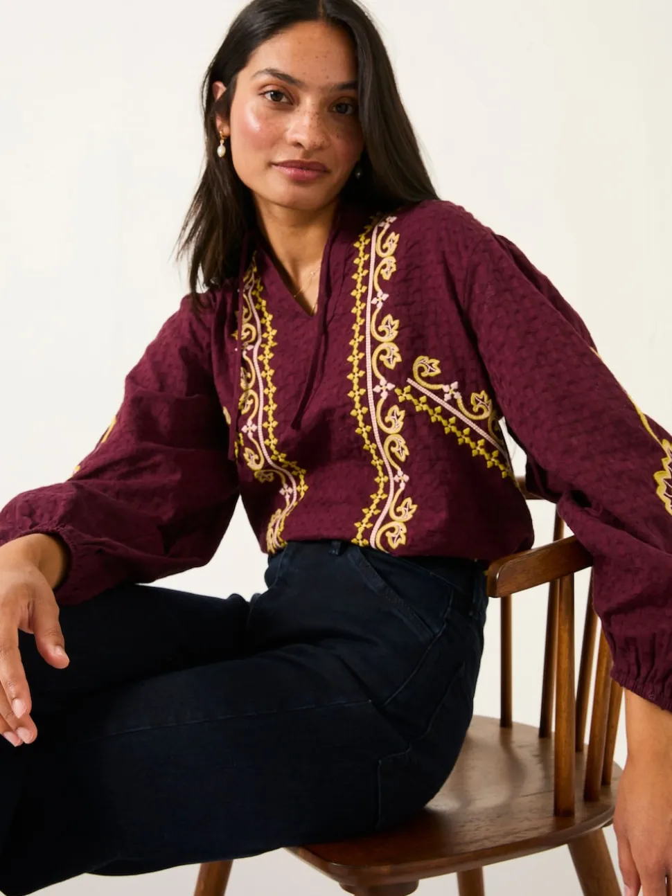 FatFace Burgundy Red Garratt Embroidered V-neck Blouse