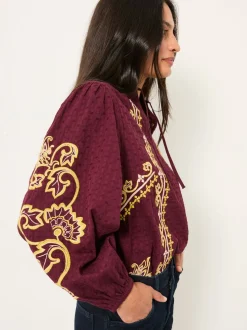 FatFace Burgundy Red Garratt Embroidered V-neck Blouse