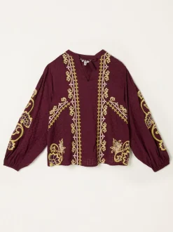 FatFace Burgundy Red Garratt Embroidered V-neck Blouse