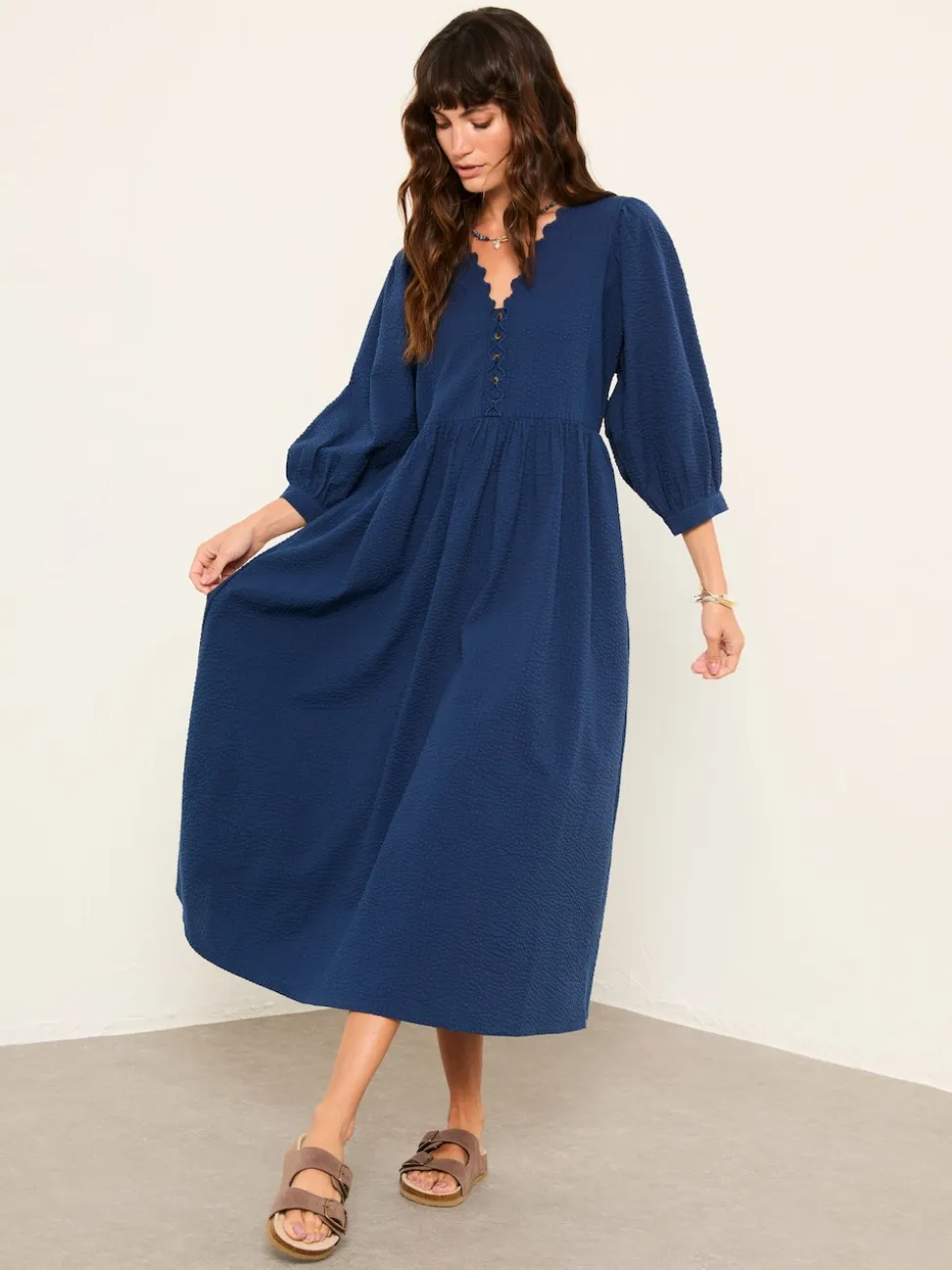 FatFace Ceil Indigo Blue Textured Midi Dress