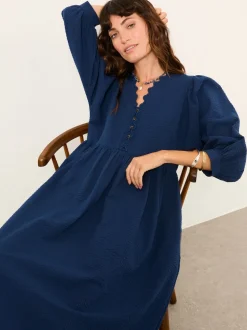 FatFace Ceil Indigo Blue Textured Midi Dress