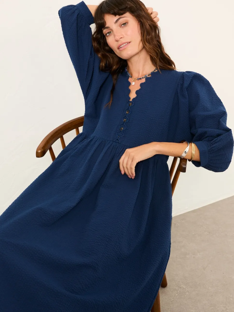 FatFace Ceil Indigo Blue Textured Midi Dress